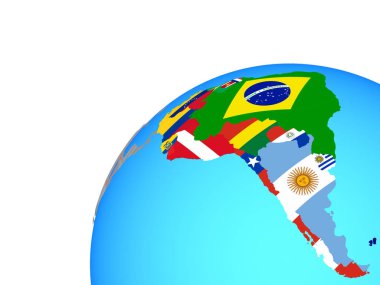 Dünya üzerinde katıştırılmış ülke bayrakları ile Güney Amerika. 3D çizim.