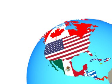 Dünya üzerinde katıştırılmış ülke bayrakları ile Kuzey Amerika. 3D çizim.