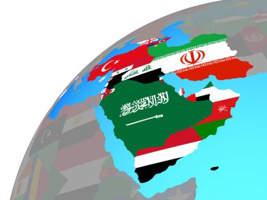 Batı Asya dünya üzerinde katıştırılmış ülke bayrakları ile. 3D çizim.