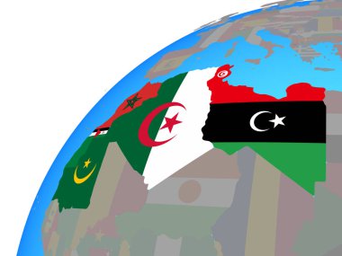 Mağrip bölge dünya üzerinde katıştırılmış ülke bayrakları ile. 3D çizim.