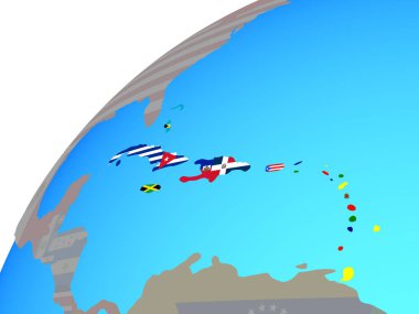 Dünya üzerinde katıştırılmış ülke bayrakları ile Karayipler. 3D çizim.