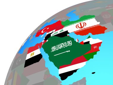 Dünya üzerinde katıştırılmış ülke bayrakları ile Orta Doğu. 3D çizim.