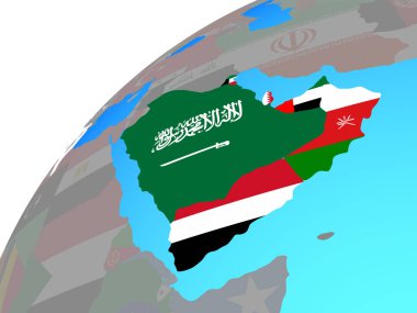 Dünya üzerinde katıştırılmış ülke bayrakları ile Arabistan. 3D çizim.