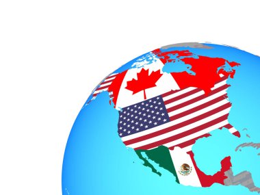 NAFTA ülkeleri ile dünya üzerinde katıştırılmış ülke bayrakları. 3D çizim.