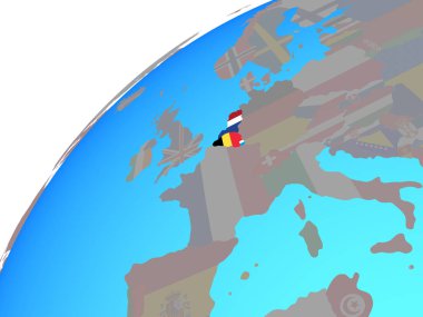 Benelux Birliği dünya üzerinde katıştırılmış ülke bayrakları ile. 3D çizim.