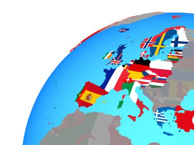 Dünya üzerinde katıştırılmış ülke bayrakları ile OECD Avrupa ülkeleri. 3D çizim.