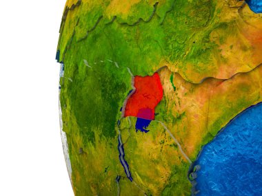 Uganda görünür ülkeler ve sulu okyanusların 3d dünya üzerinde vurgulanır. 3D çizim.