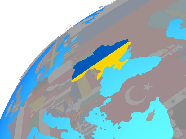 乌克兰在地球上嵌入国旗 — 图库照片
