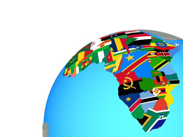 Africa with embedded national flags on globe. 3D illustration.