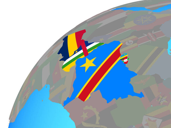 Central Africa with embedded national flags on globe. 3D illustration.