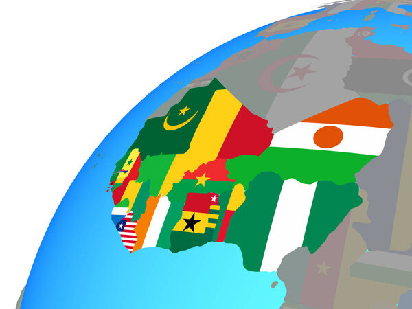 Western Africa with embedded national flags on globe. 3D illustration.