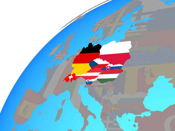 Europa Centrale Con Bandiere Nazionali Incorporate Nel Globo Illustrazione — Foto Stock