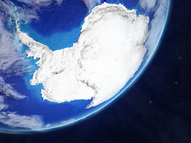 Antarktika gerçekçi modeli bir çok ayrıntılı gezegenin yüzey ve bulutlar Dünya gezegeni. 3D çizim. Nasa tarafından döşenmiş bu görüntü unsurları.