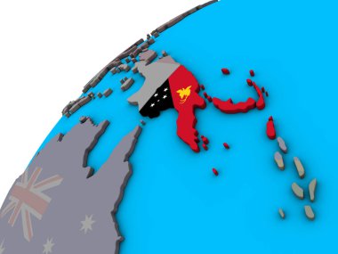 Papua Yeni Gine 3d dünya üzerinde ulusal bayrak ile. 3D çizim.
