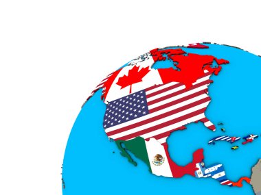 3d dünya Ulusal bayrakları ile Kuzey Amerika. 3D çizim.