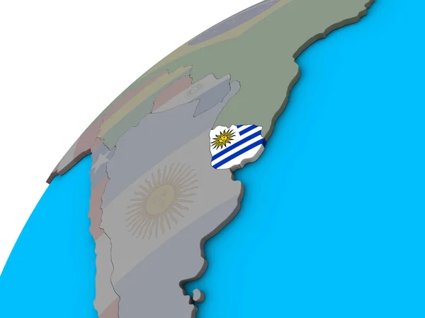 乌拉圭在3D 地球仪上悬挂国旗 — 图库照片