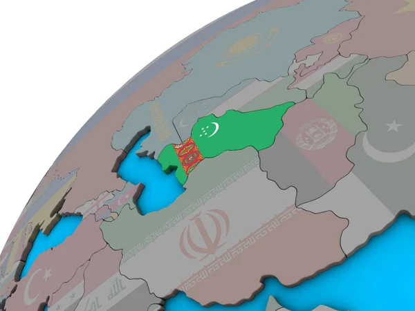 土库曼斯坦在3D 地球上悬挂国旗 — 图库照片