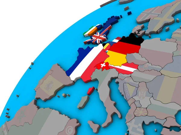 Europa Occidentale Con Bandiere Nazionali Sul Globo Illustrazione — Foto Stock
