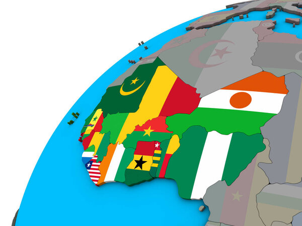 Western Africa with national flags on 3D globe. 3D illustration.