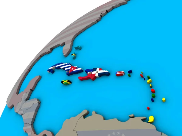 Caribbean with national flags on 3D globe. 3D illustration.
