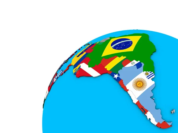 Latin America with national flags on 3D globe. 3D illustration.