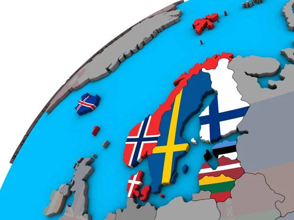 Northern Europe with national flags on 3D globe. 3D illustration.