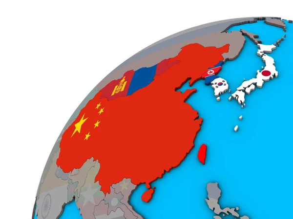 Восточная Азия Национальными Флагами Глобусе Иллюстрация — стоковое фото