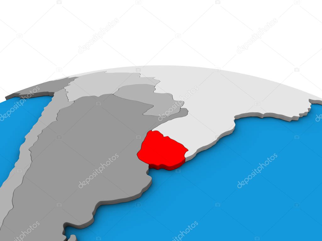 Uruguay on political 3D globe. 3D illustration.