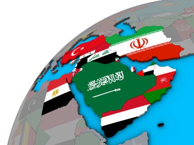 3d dünya Ulusal bayrakları ile Orta Doğu. 3D çizim.