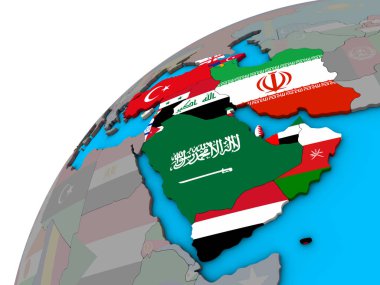 Batı Asya 3d dünya Ulusal bayrakları ile. 3D çizim.