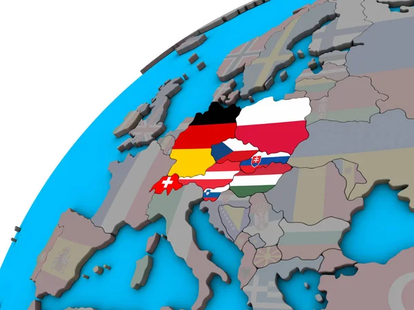 Центральная Европа Национальными Флагами Глобусе Иллюстрация — стоковое фото