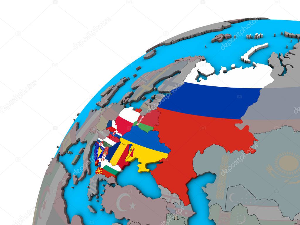 Eastern Europe with national flags on 3D globe. 3D illustration.