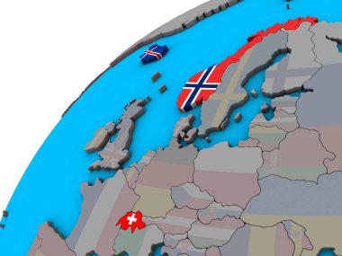 EFTA Ülkeleri ile 3d dünya Ulusal bayrakları. 3D çizim.