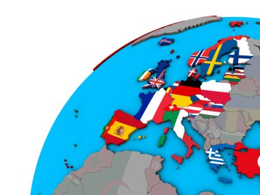 3d dünya Ulusal bayrakları ile OECD Avrupa ülkeleri. 3D çizim.