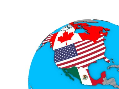NAFTA ülkeleri 3d dünya Ulusal bayrakları ile. 3D çizim.