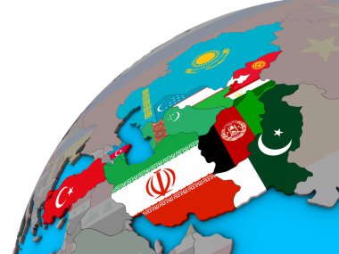 3d dünya Ulusal bayrakları ile Eko üye devletler. 3D çizim.