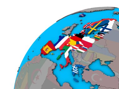 Schengen alanı üyeleri 3d dünya Ulusal bayrakları ile. 3D çizim.