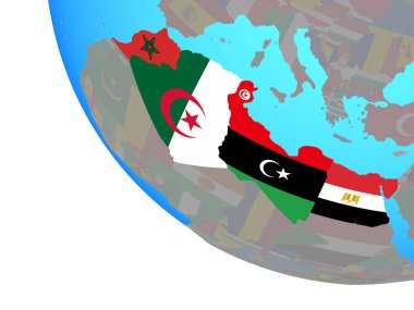 Basit Dünya Ulusal bayrakları ile Kuzey Afrika. 3D çizim.