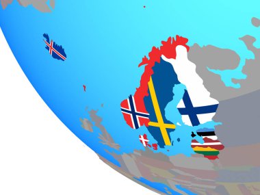 Basit Dünya Ulusal bayrakları ile Kuzey Avrupa. 3D çizim.