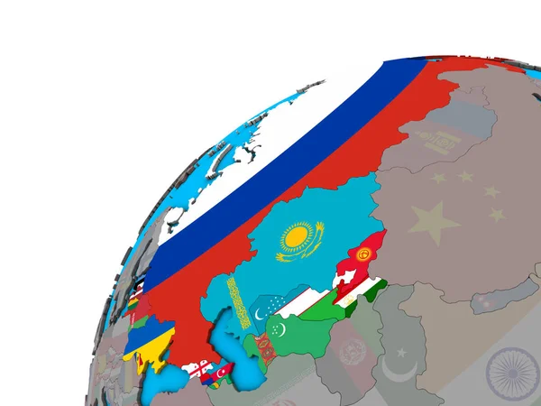 Former Soviet Union with national flags on 3D globe. 3D illustration.