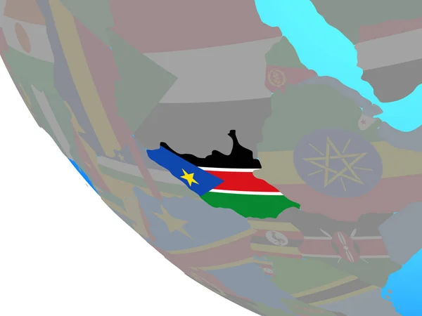 Güney Sudan Basit Dünya Üzerinde Ulusal Bayrak Ile Çizim — Stok fotoğraf