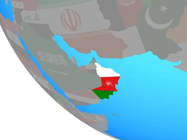 Oman with national flag on simple globe. 3D illustration.