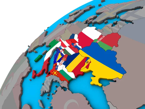 CEI countries with national flags on 3D globe. 3D illustration.