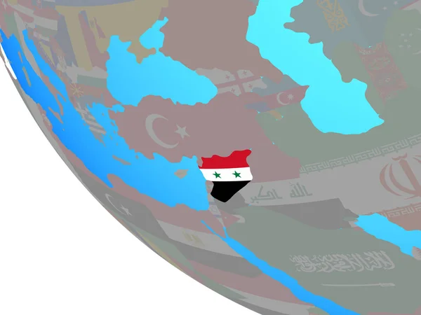 Syria with national flag on simple globe. 3D illustration.