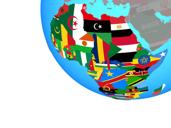 Africa with national flags on simple globe. 3D illustration.