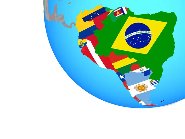 South America with national flags on simple globe. 3D illustration.