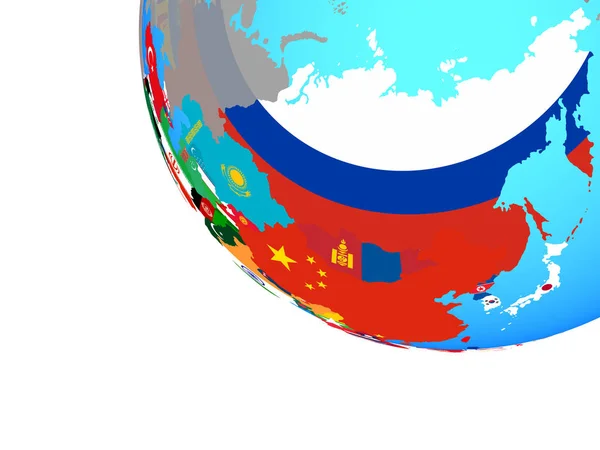 Asia with national flags on simple globe. 3D illustration.