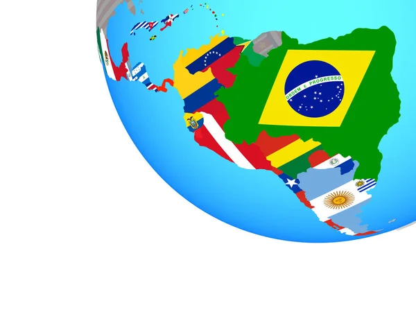 Latin America with national flags on simple globe. 3D illustration.