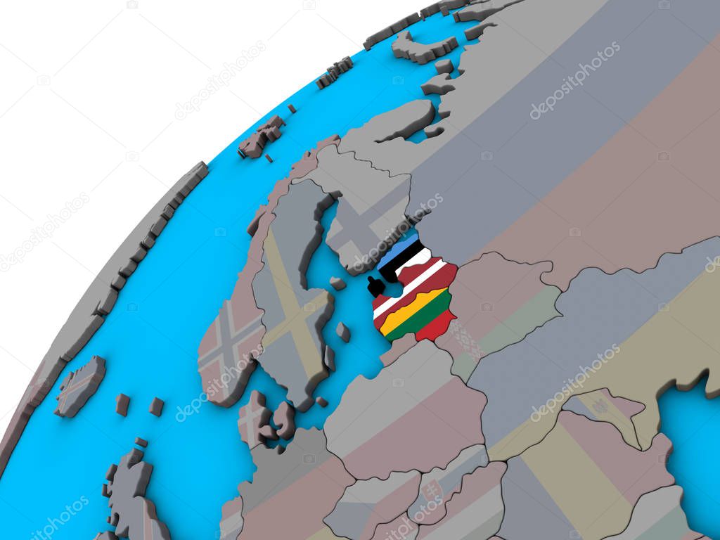 Baltic States with national flags on 3D globe. 3D illustration.