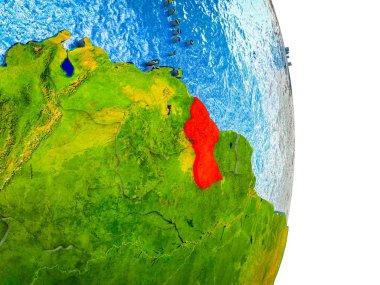 Guyana Earth 3d modeli bölünmüş ülkeler ve mavi okyanuslar. 3D çizim.